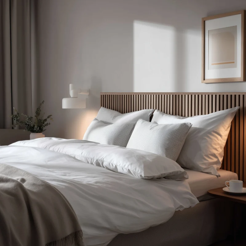 Sänggavel i akustikpanel, höjd 123 cm, bredd 245 cm, träslag Oljad Ek med beige mdf