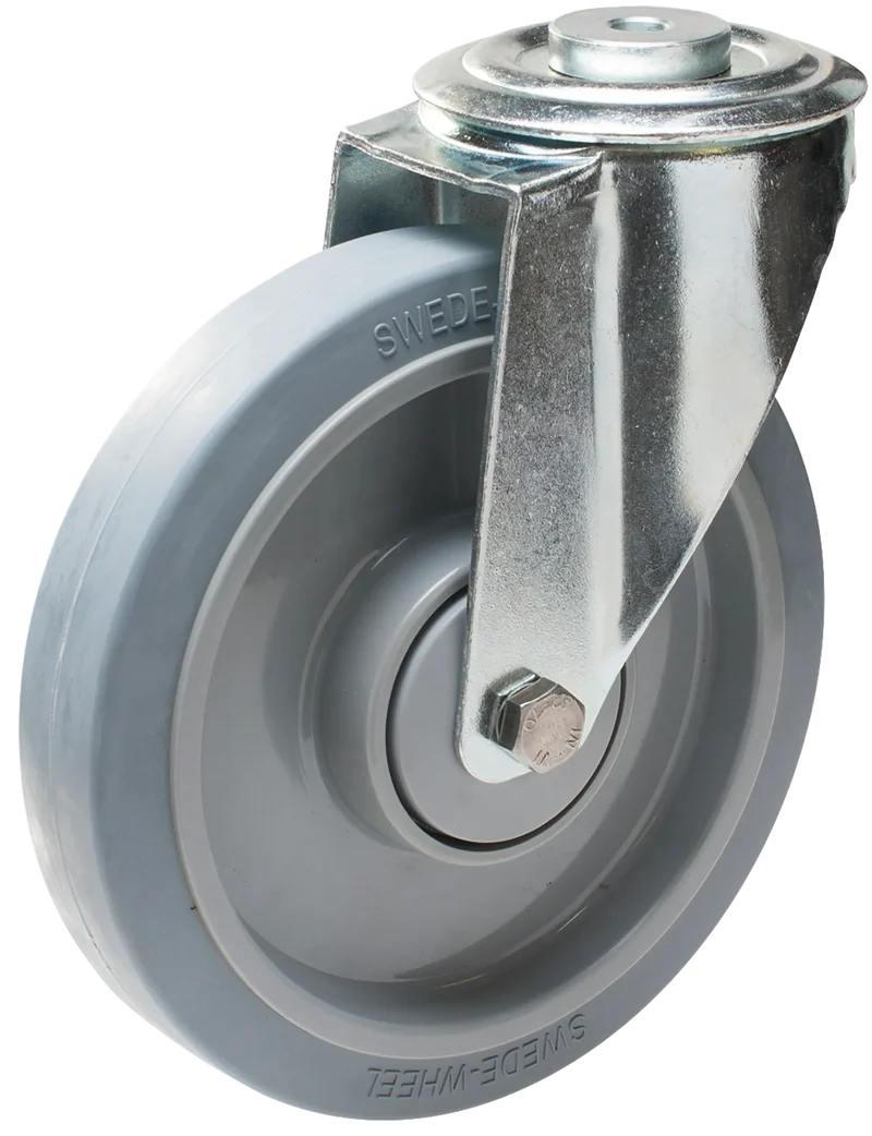 Länkhjul typ 4O Elastic GRU/PA6 plåtbygel elastisk grå gummibana Swede-wheel