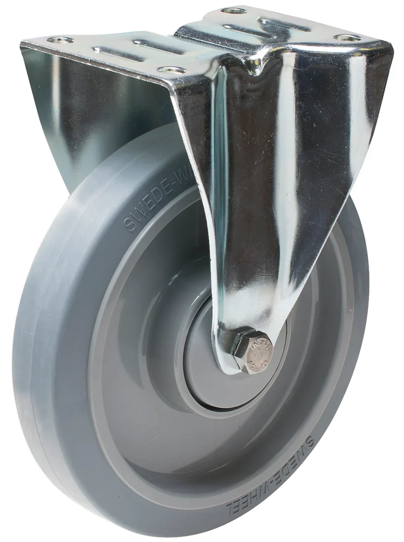 Länkhjul typ 4P Elastic GRU/PA6 plåtbygel elastisk grå gummibana Swede-wheel