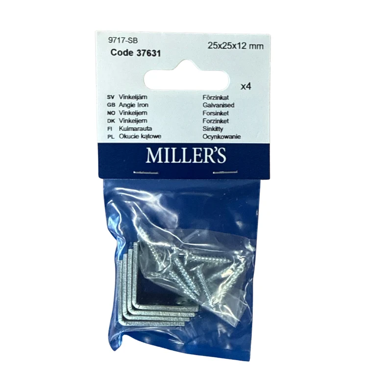 Vinkeljärn Millers Förzinkat 25x25x12 mm - 4-pack med Skruv