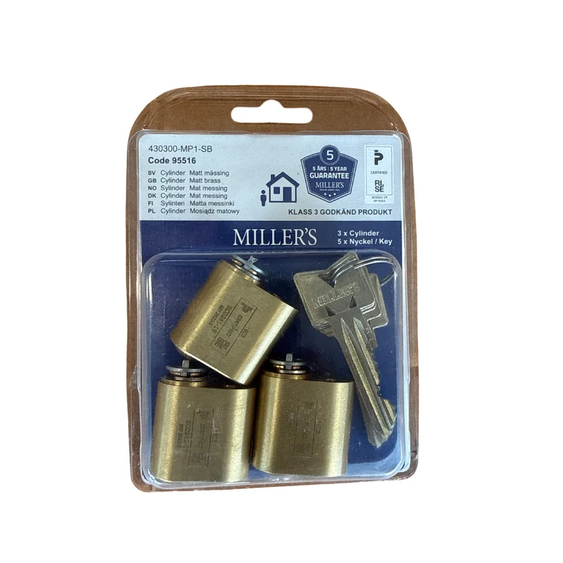 Cylinderlås Millers Klass 3 Matt Mässing - 3-pack med 5 Nycklar