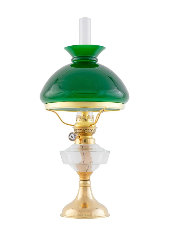 Fotogenlampa - Trossölykta mässing, grön vestaskärm