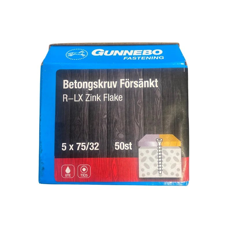 Betongskruv Försänkt R-LX Zink Flake 5x75/32 mm Gunnebo - 50 st