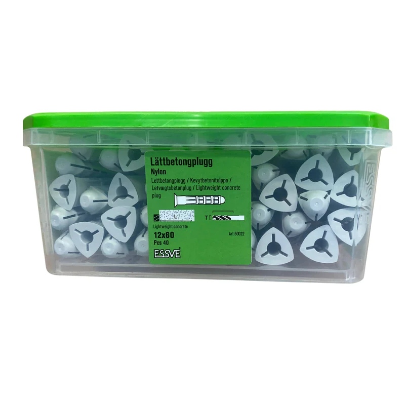Lättbetongplugg 12x60 mm ESSVE Nylon för Leca och Ytong 40-pack