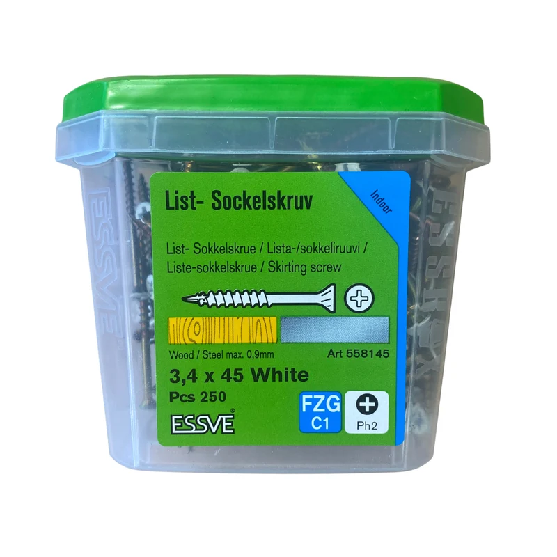 List- och Sockelskruv 3,4x45 mm Vit ESSVE för Trä och Stål 250-pack