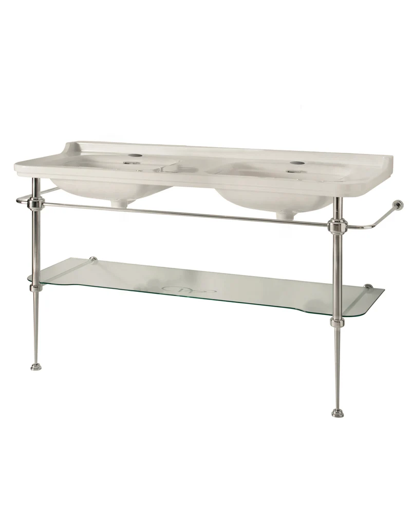 Art Deco - Dubbeltvättställ 150 cm med kromade ben & glashylla