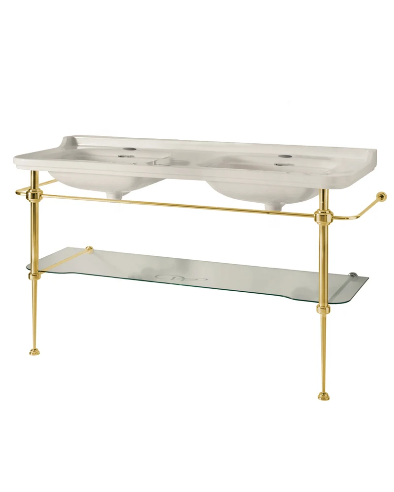 Art Deco - Dubbeltvättställ 150 cm på guldställning & glashylla