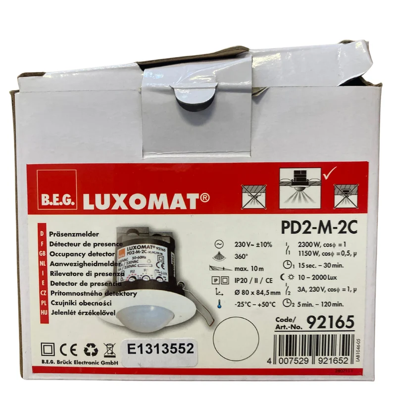 Närvarodetektor för infälld takmontering med 2 kanaler, Luxomat BEG PD2-M-2C, 360°