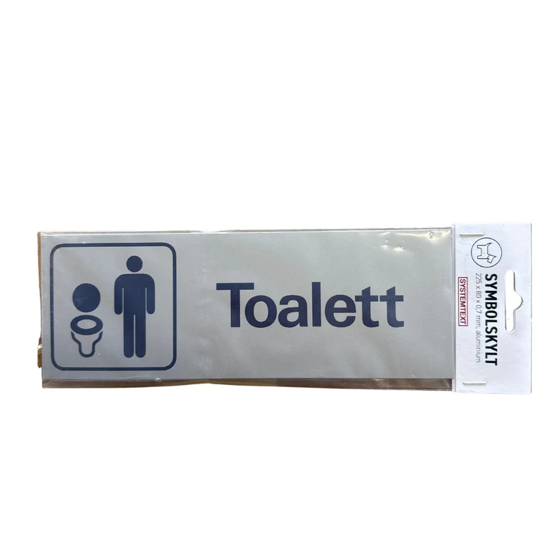 Symbolskylt Toalett aluminium med toalettsymbol Systemtext - 225x80 mm