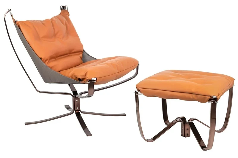 Fåtölj - ARNI LOW med fotpall, orange ekoläder