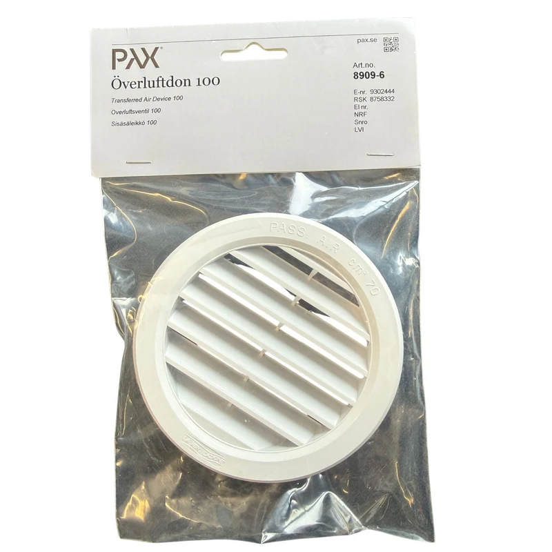 Överluftdon PAX 100 mm Vit - Ventilationsgaller för Dörr och Vägg