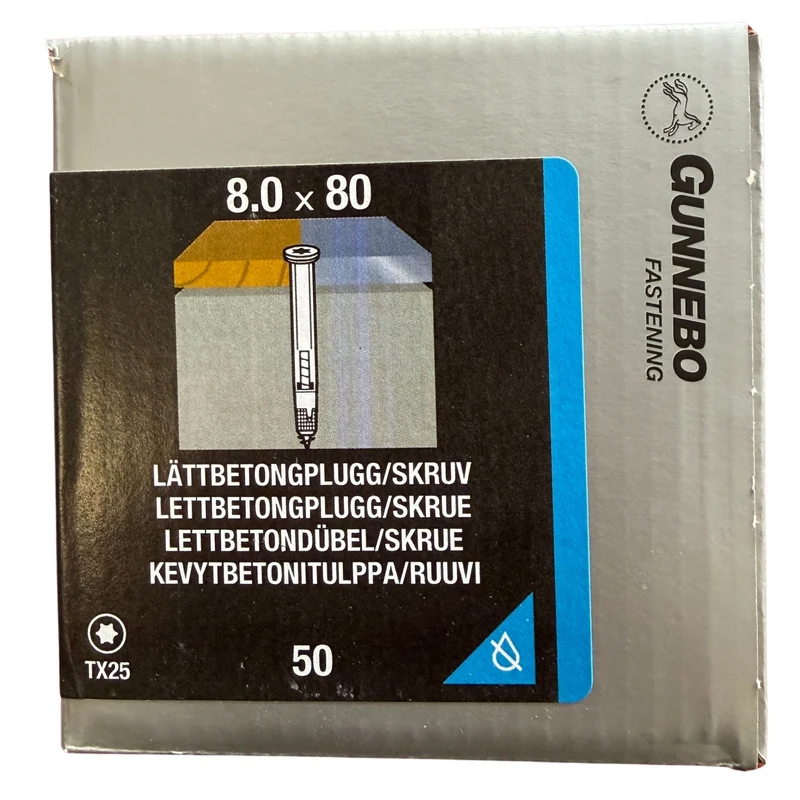 Lättbetongplugg/Skruv Elförzinkad 8,0x80 mm Gunnebo - 50 st