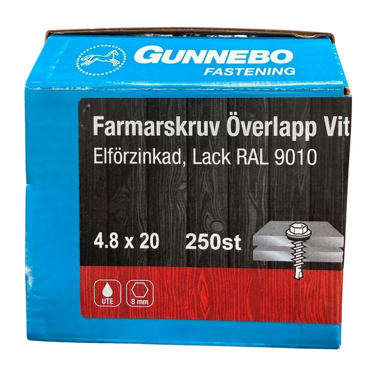 Farmarskruv Överlapp Vit RAL 9010 4,8x20 mm Gunnebo - 250 st