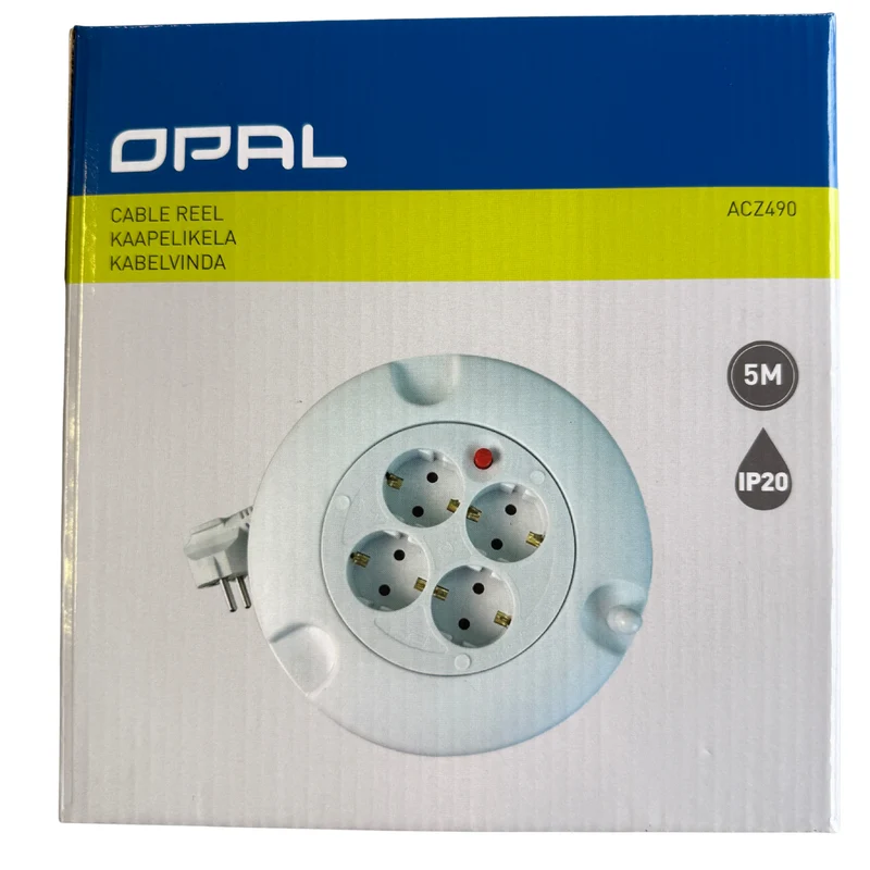 Kabelvinda 5m med 4-vägsuttag - OPAL IP20