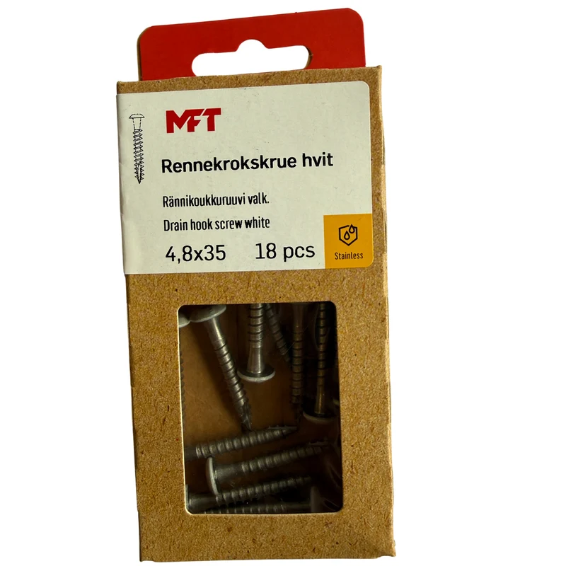 Rännkrokskruv Vit 4,8x35 mm - MFT 18-pack i Rostfritt Stål