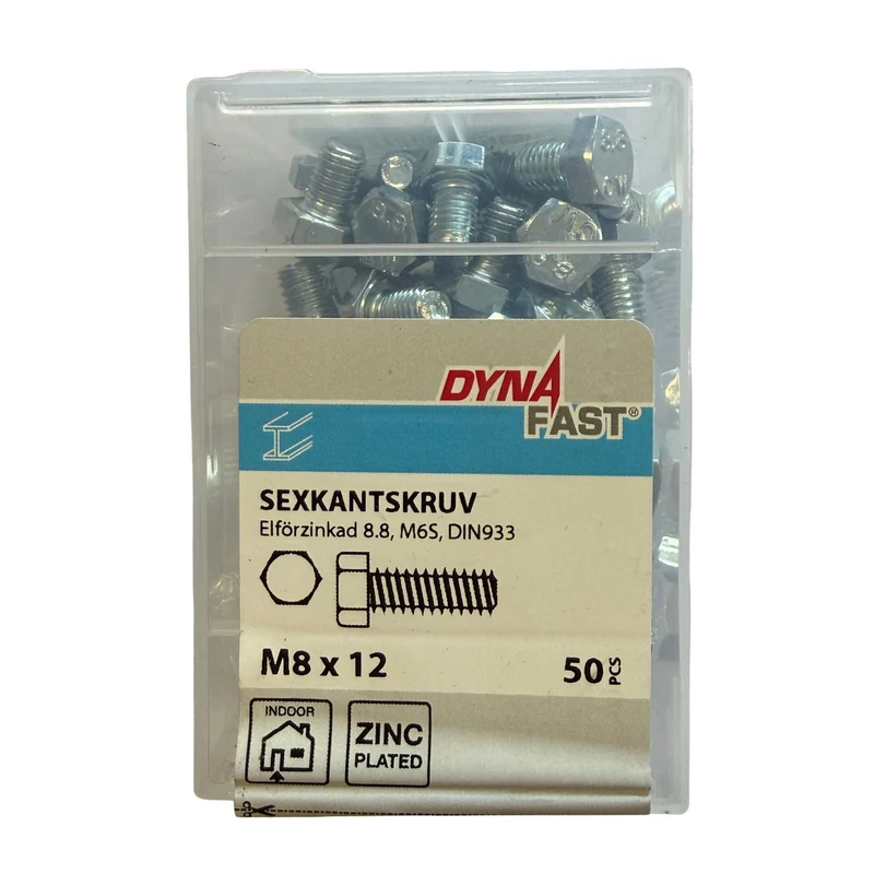 Sexkantskruv M8x12 DynaFast elförzinkad, 50 st