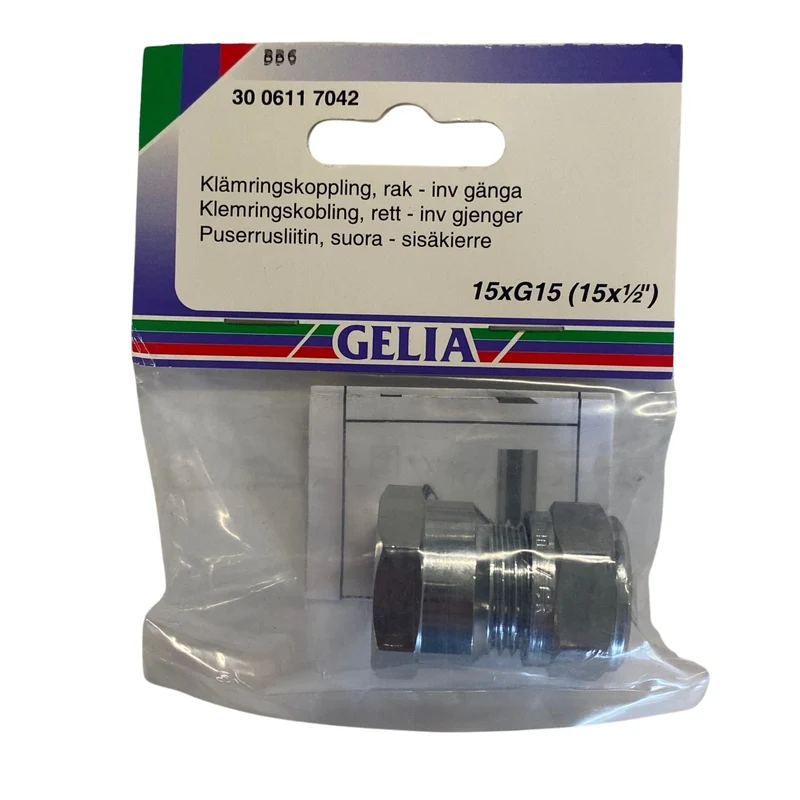 Klämringskoppling Rak GELIA 15xG15 (15x1/2") - Invändig Gänga