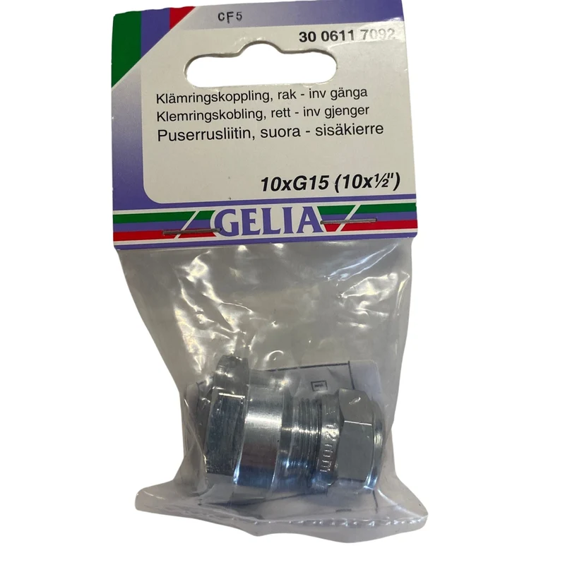 Klämringskoppling Rak GELIA 10xG15 (10x1/2") - Invändig Gänga