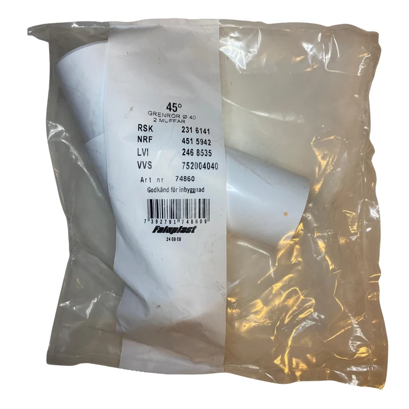 Grenrör 45 grad PVC 2 muffar Faluplast