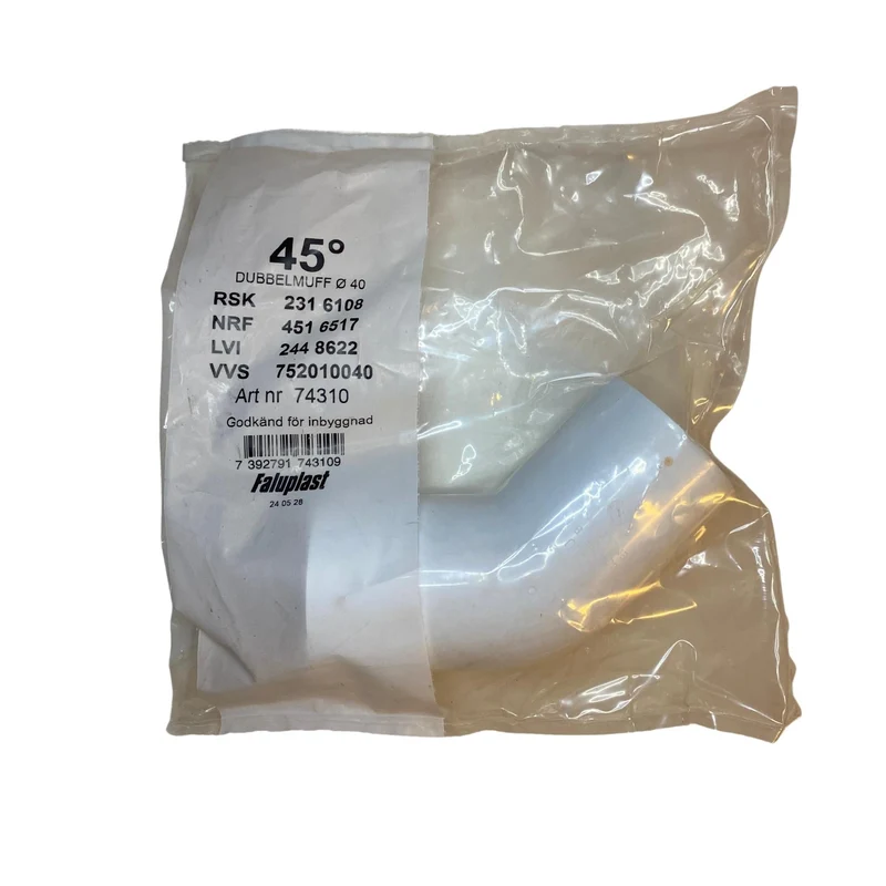 Dubbelmuff 45° plast 40mm Faluplast