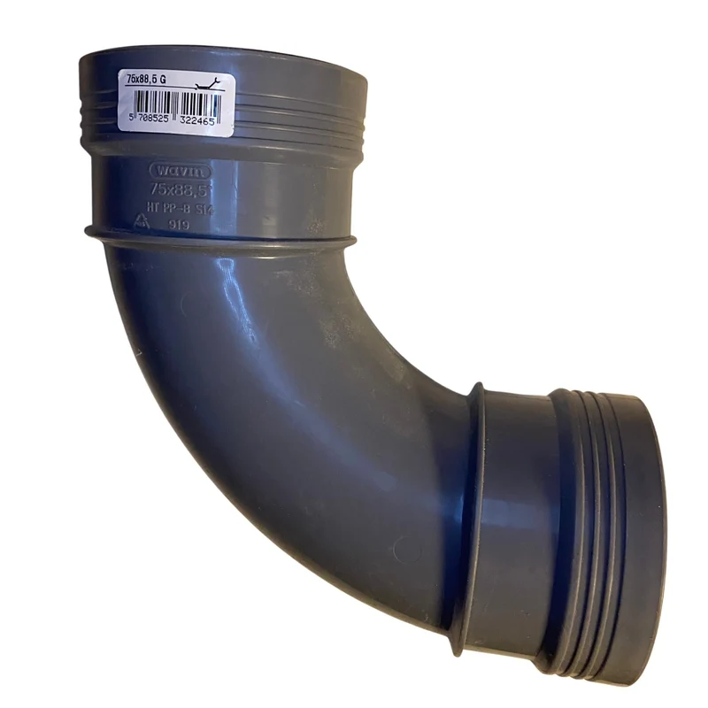 Avloppsböj PP-B 75mm 88,5 grader med 2 muffar Wavin