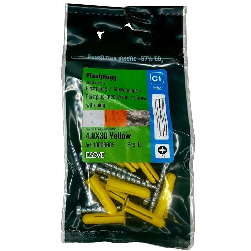 Plastplugg med skruv 4,0x30 mm gul ESSVE 8-pack