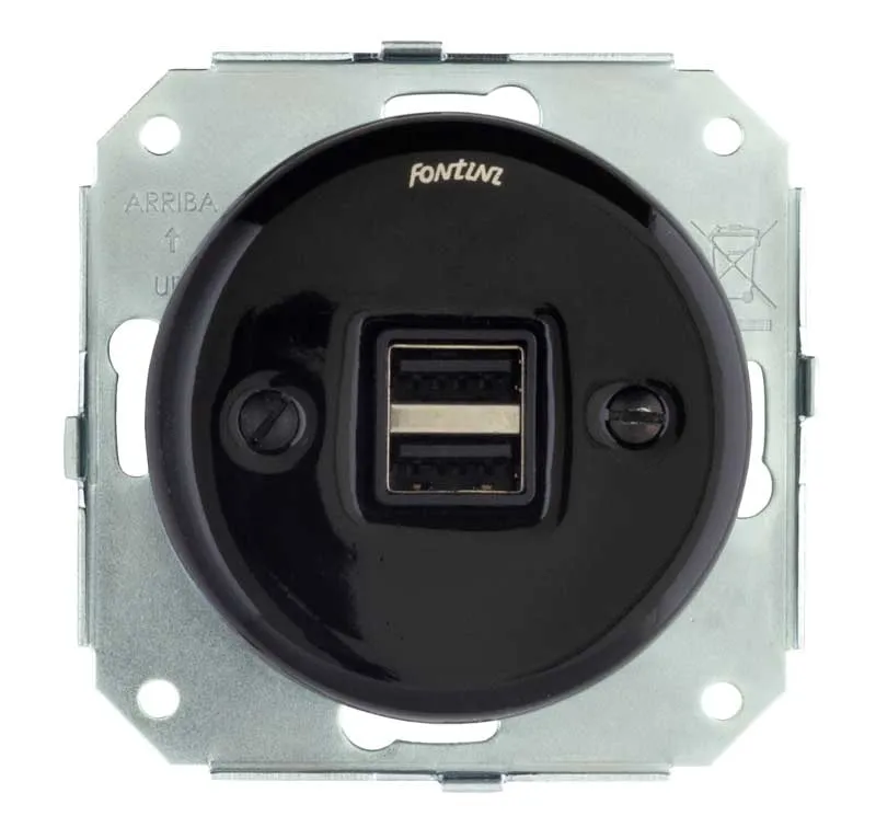 Insats USB-uttag dubbelt svart porslin - Fontini infällt