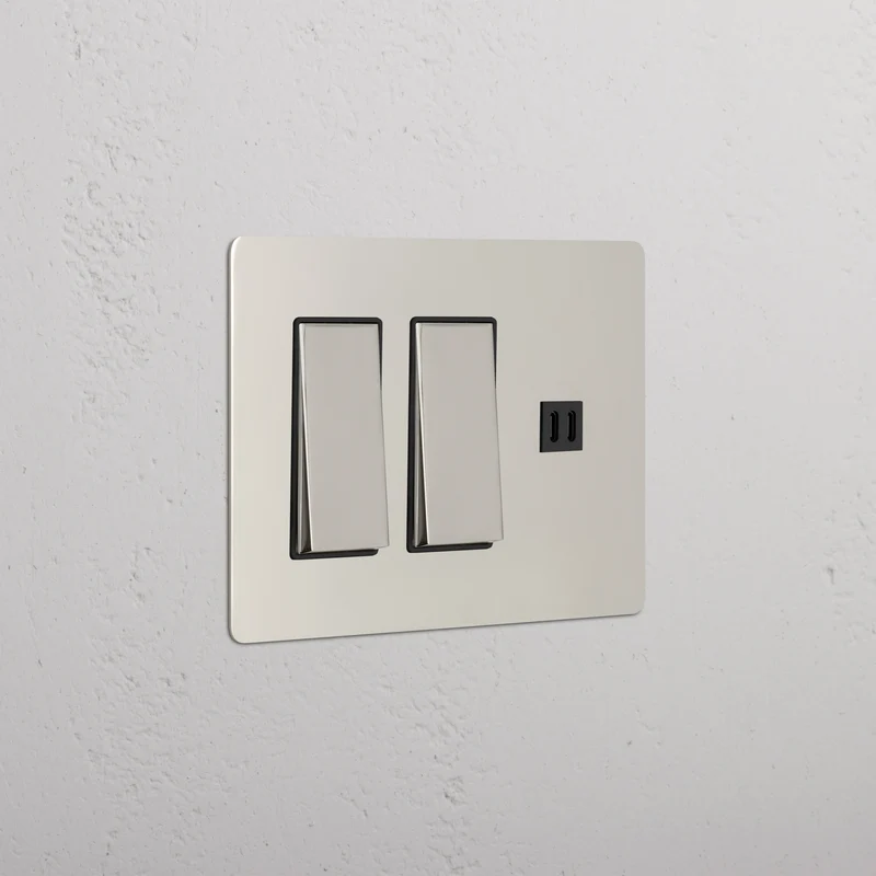 Kew 3G 2x Rocker Switch & Fast Charge USB - Polished Nickel Black