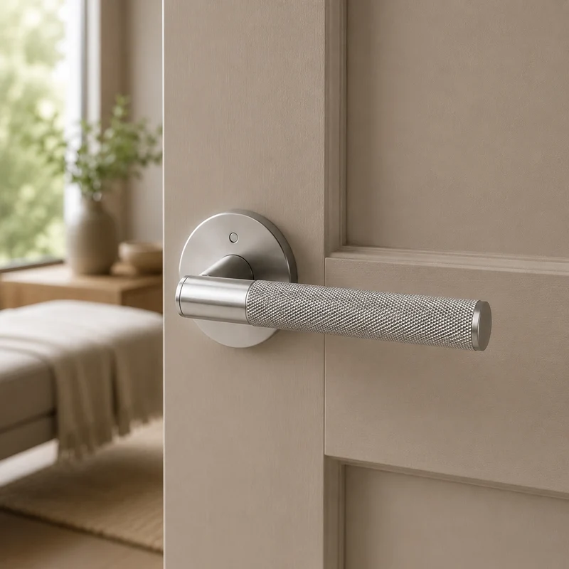 Dörrhandtag i borstat stål – räfflad design