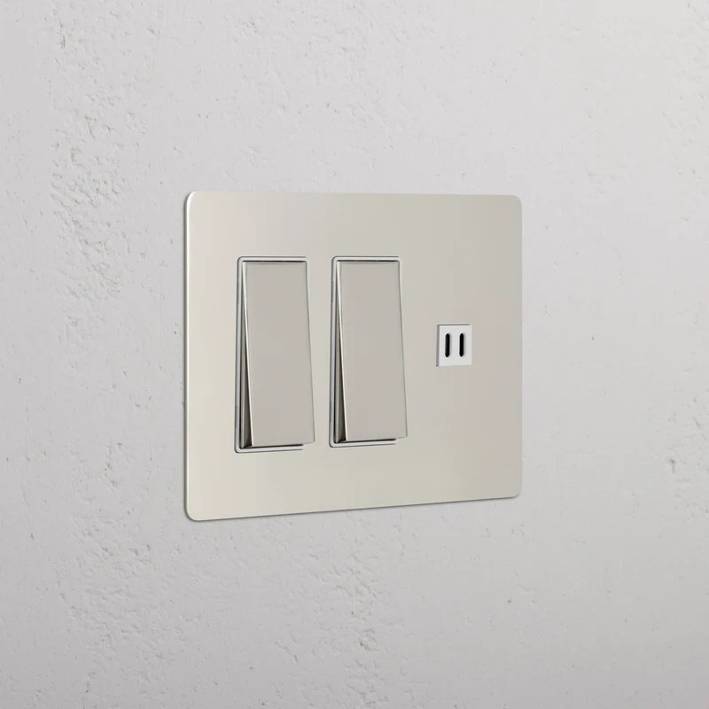 Kew 3G 2x Rocker Switch & Fast Charge USB - Polished Nickel White