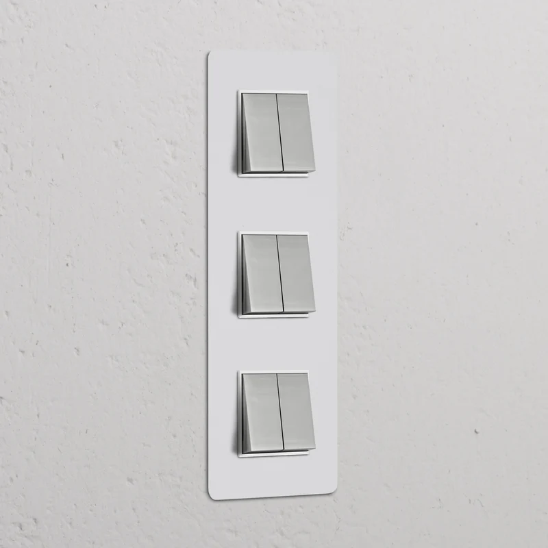 Kew Triple 6x Vertical Rocker Switch - Paintable Polished Nickel | White