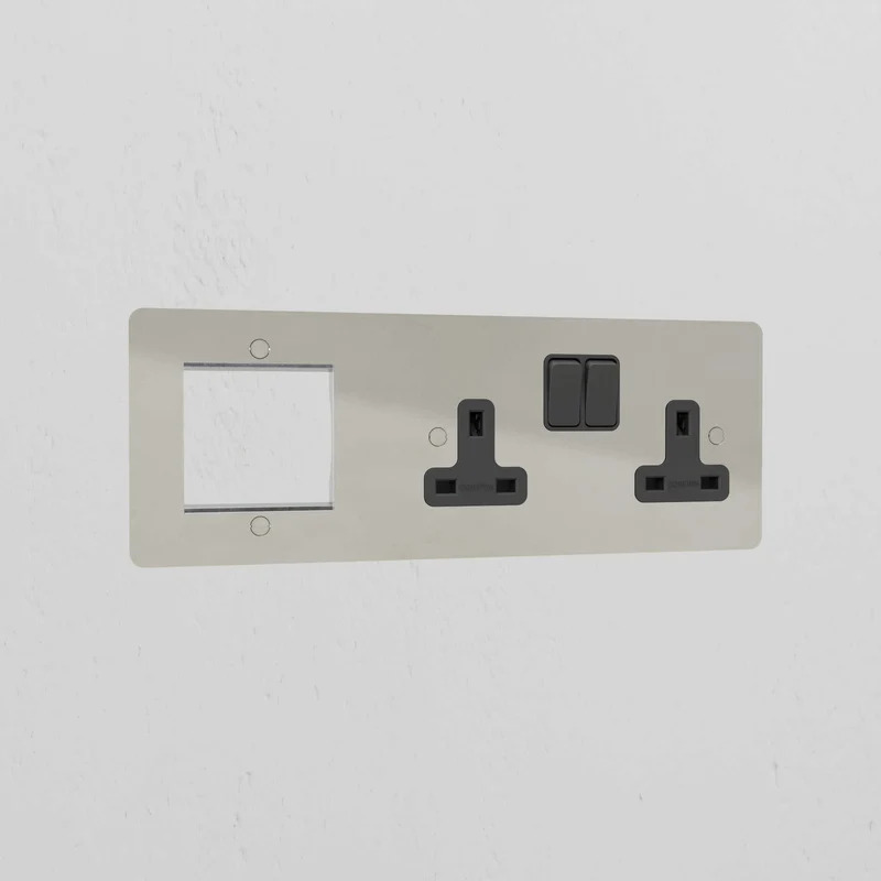 50mm Module & Double Socket Plate - Polished Nickel | Black