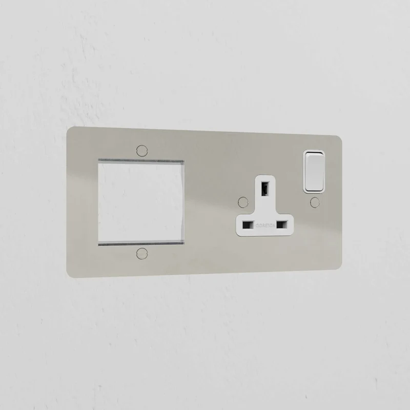 50mm Module & Single Socket Plate - Polished Nickel | White