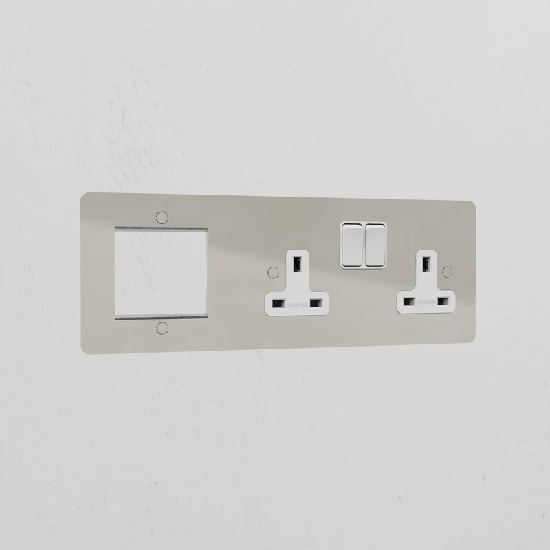 50mm Module & Double Socket Plate - Polished Nickel | White