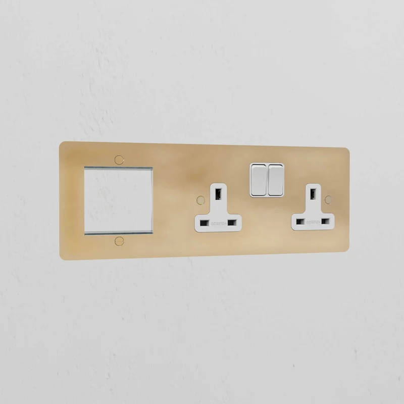50mm Module & Double Socket Plate - Antique Brass | White