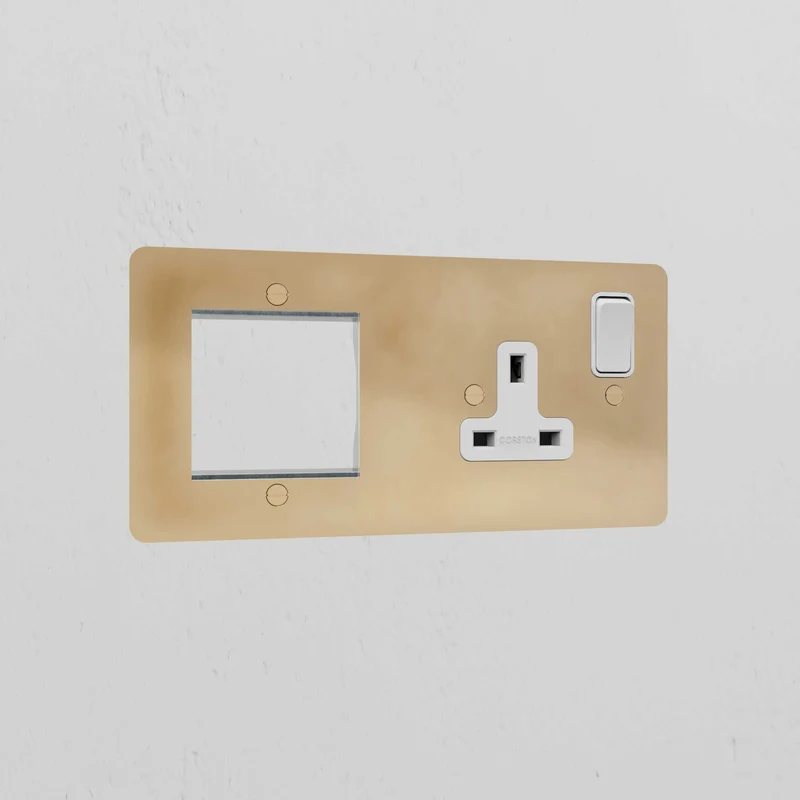 50mm Module & Single Socket Plate - Antique Brass | White