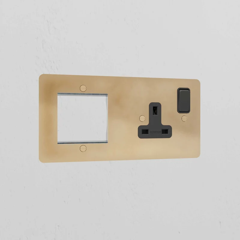 50mm Module & Single Socket Plate - Antique Brass | Black