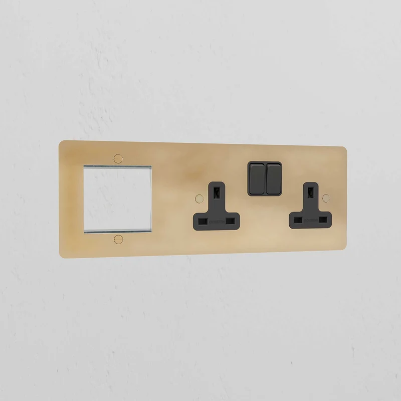 50mm Module & Double Socket Plate - Antique Brass | Black
